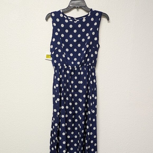 CHATEAUAMOUR Blue Polka Dot Sleeveless Blouson A-line Maxi Dress Sundress - XL - Picture 1 of 6